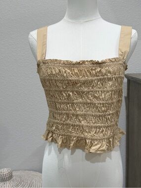 J.Crew Smocked Crop Tank Top Blouse Beige Cotton Ruffle Hem Strappy Womens L